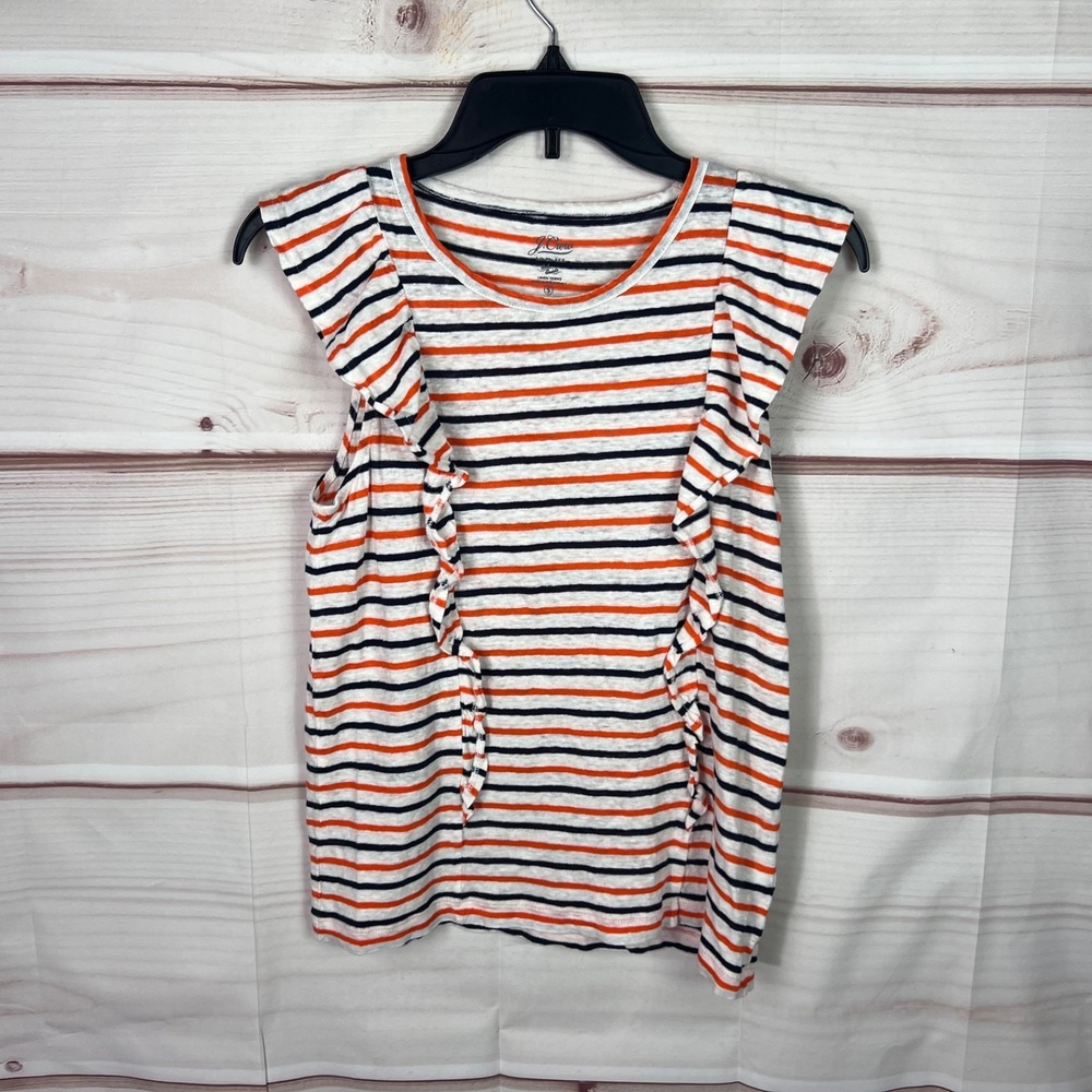 J Crew Top Womens Small Blue Orange Stripe T-Shirt Ruffle Round Neck Linen Knit